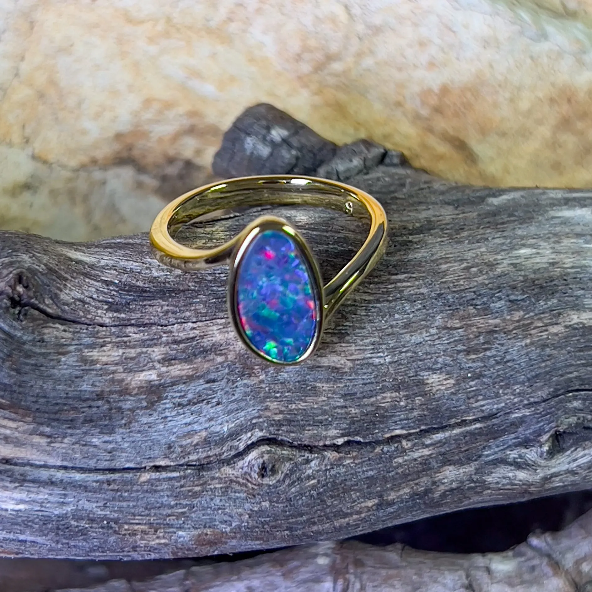 Gold plated Sterling Silver cross over oval Opal doublet ring