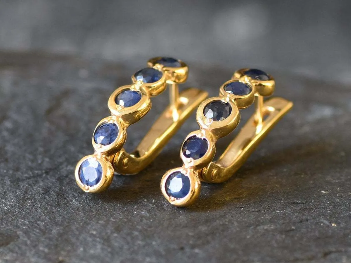 Gold Sapphire Bubble Earrings - Natural Sapphire, Long Bezel Earrings