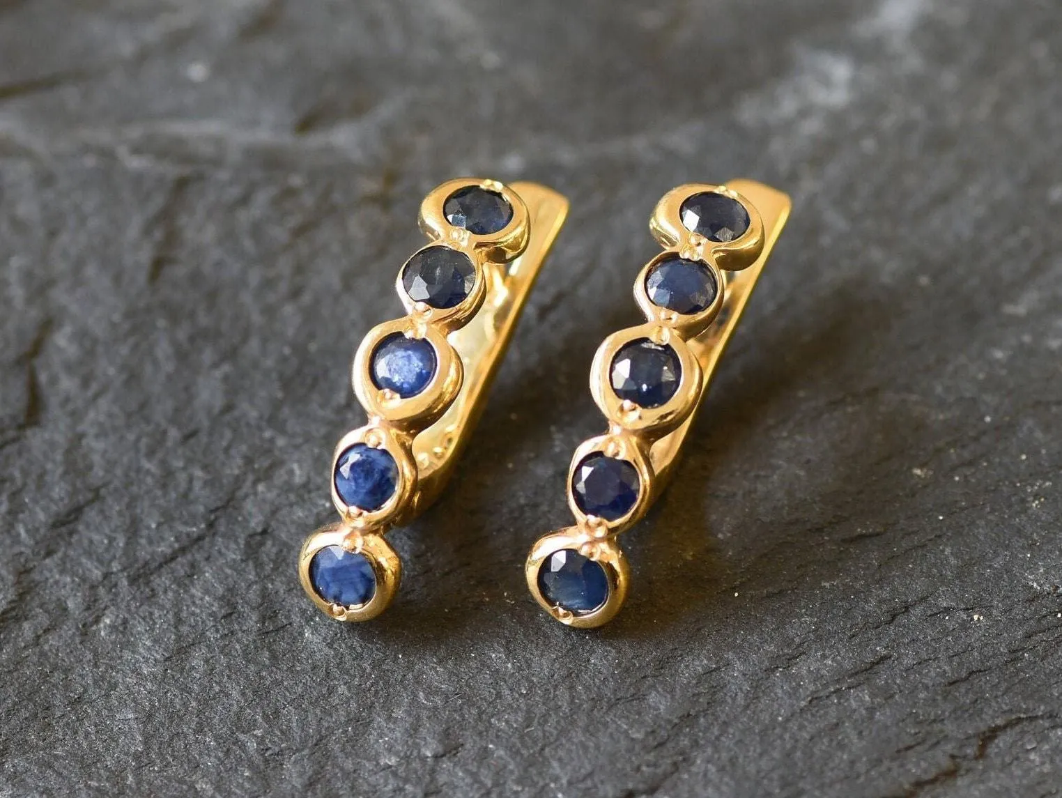 Gold Sapphire Bubble Earrings - Natural Sapphire, Long Bezel Earrings