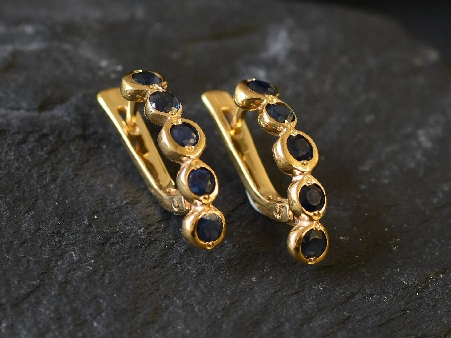 Gold Sapphire Bubble Earrings - Natural Sapphire, Long Bezel Earrings