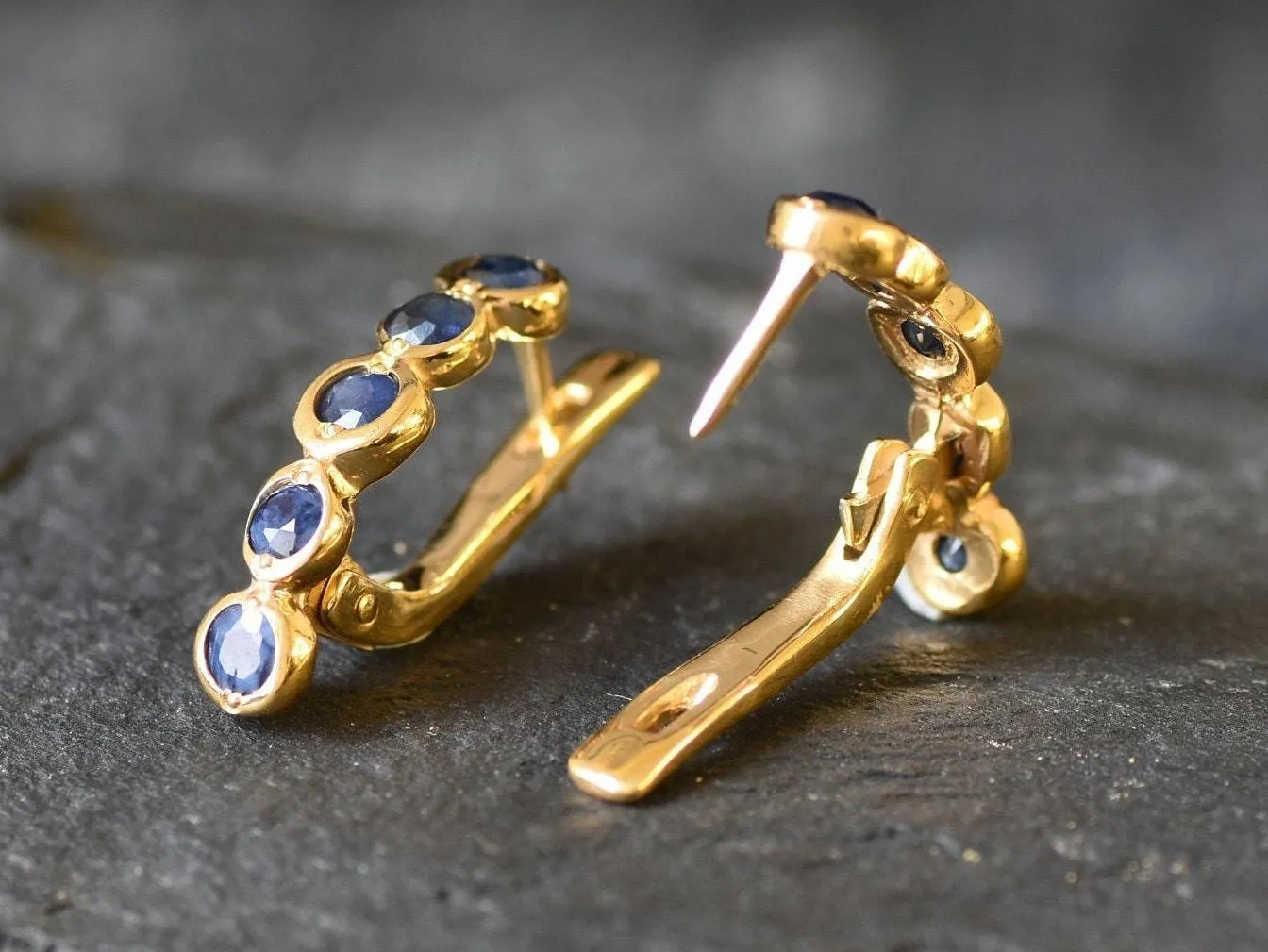 Gold Sapphire Bubble Earrings - Natural Sapphire, Long Bezel Earrings