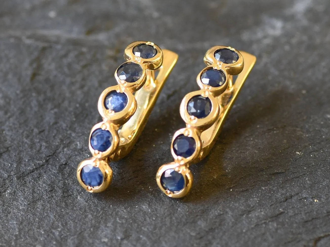 Gold Sapphire Bubble Earrings - Natural Sapphire, Long Bezel Earrings