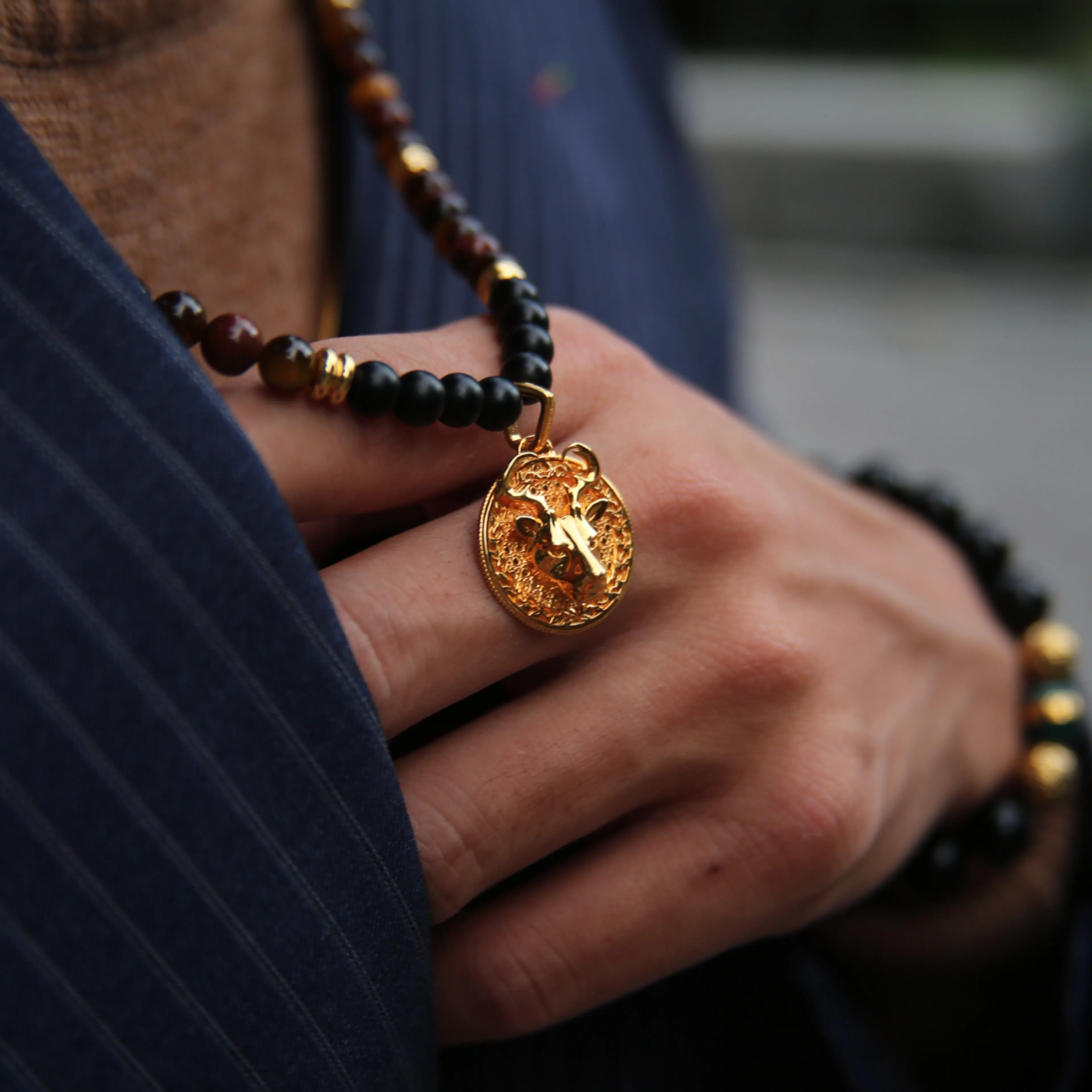 Gold Tiger Eye Beaded Necklace with Pendant