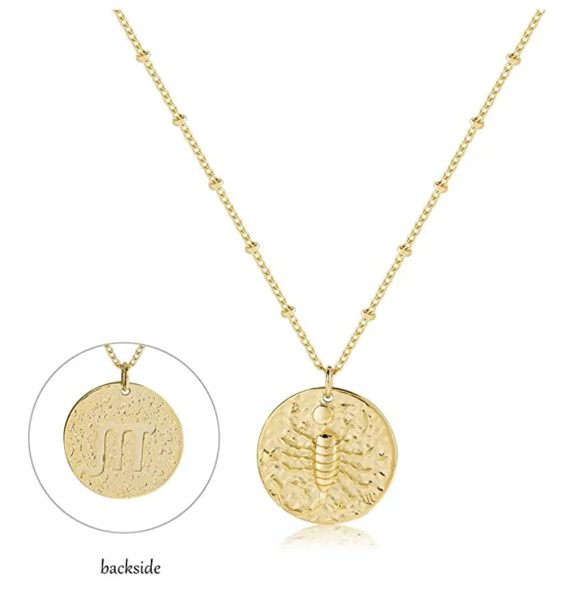 Gold Tone Round Scorpion Necklace Medallion Pendant Scorpion Chain Zodiac Astrology Chain Jewelry Scorpio Birthday Gift 20in.