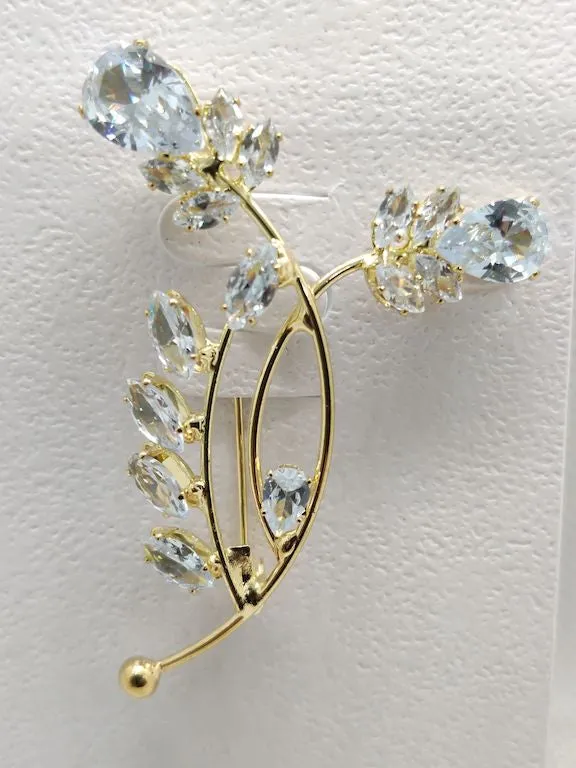 Golden American Diamond Stone Leaf Brooch