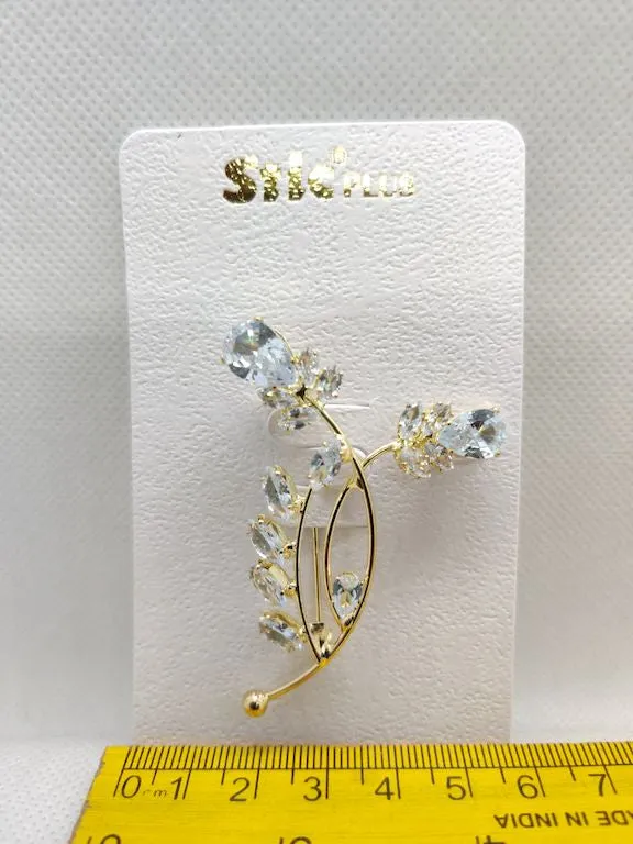 Golden American Diamond Stone Leaf Brooch