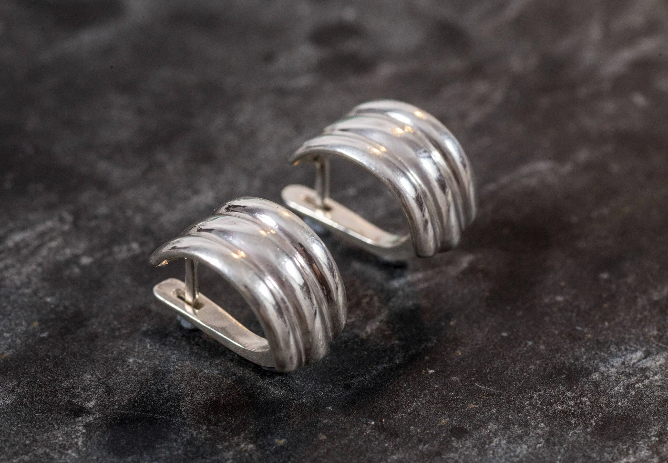 Half Hoop Earrings - Triple Band Earrings - Silver Ribbed Earrings