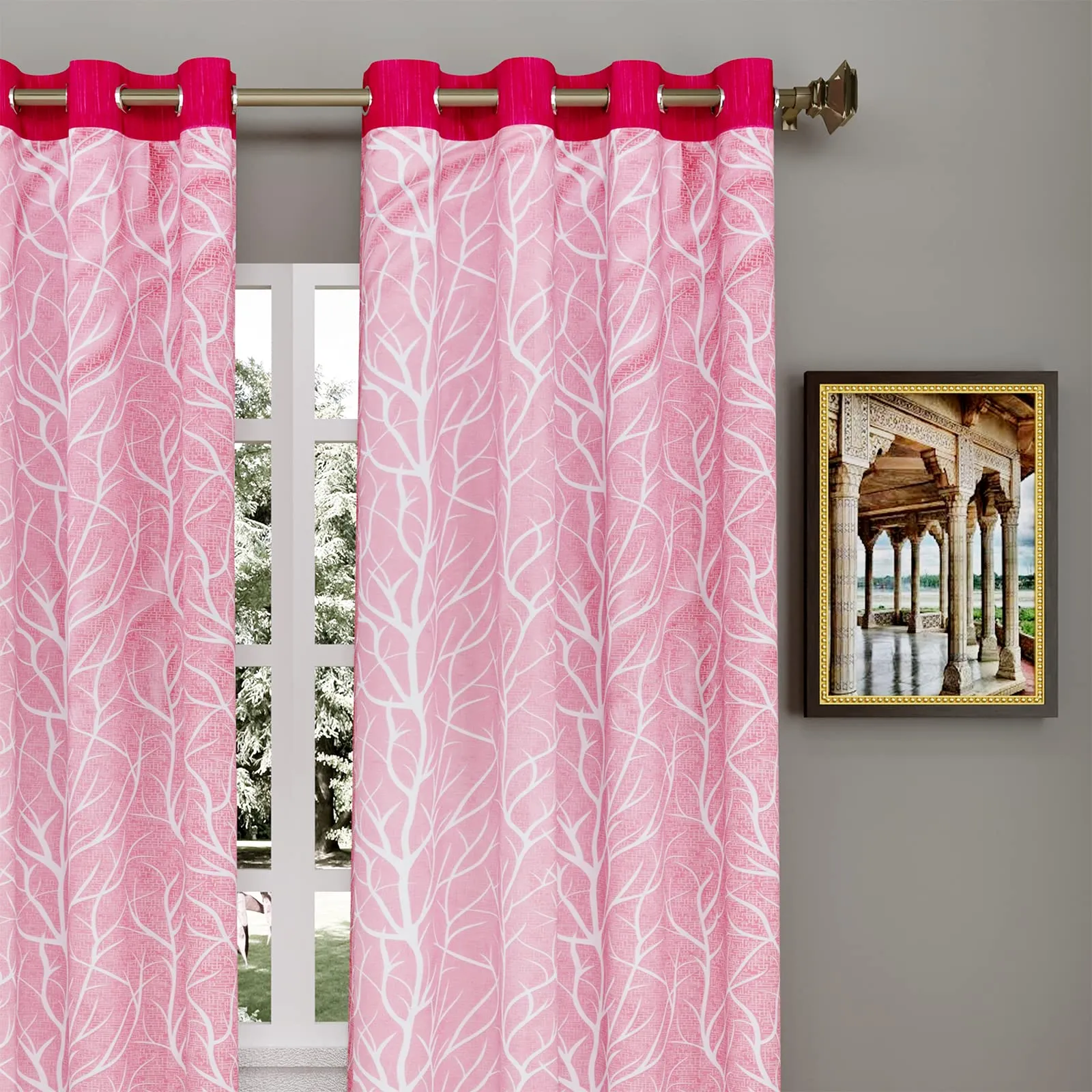 Heart Home Tree Printed 7 ft Door Curtain for Living Room, Bed Room, Kids Room with 8 Eyelet- Pack of 2 (Pink)-Hs43Hearth25583(Polyester_Pink)