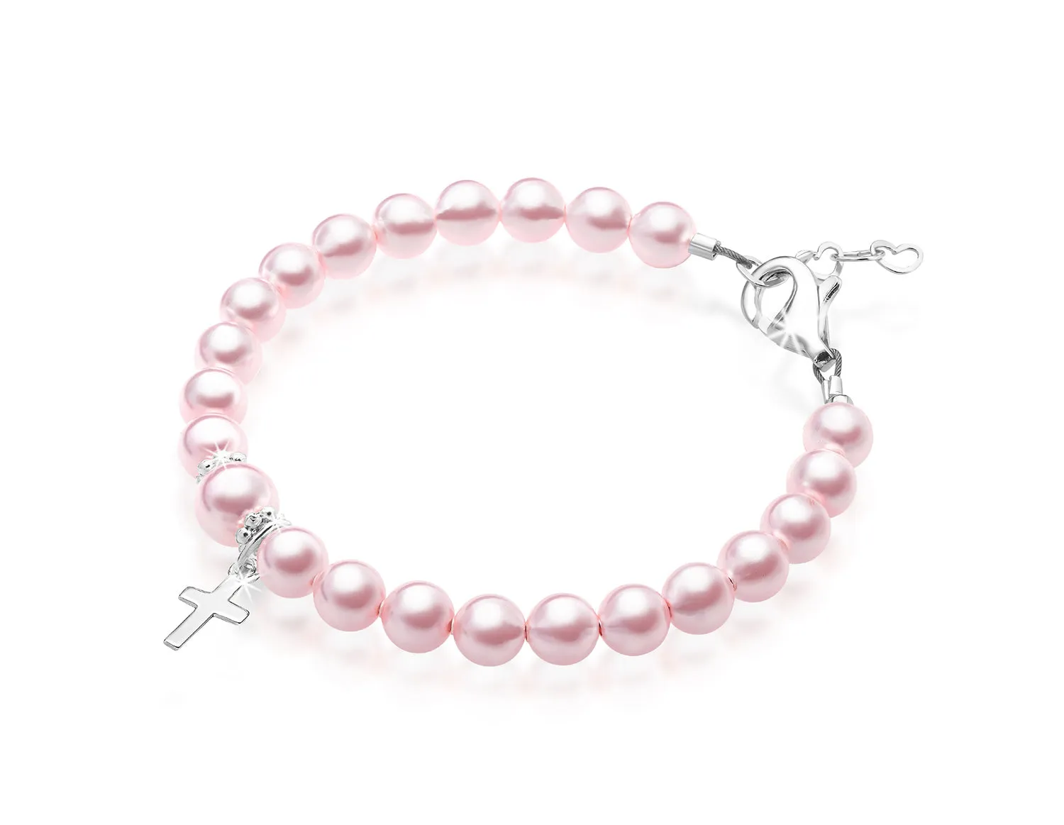 Infant Baby Girl Pink Pearl Bracelet Baptism & Christening Sterling Silver Cross Charm