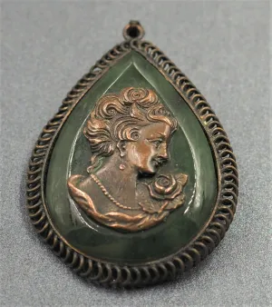 Jade Cameo Vintage Bronze Toned Pendant/Brooch