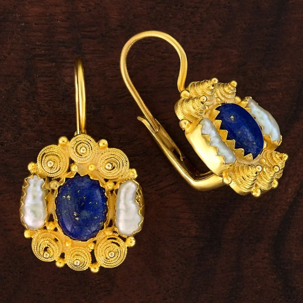 Jane Austen Lapis and Pearl Earrings