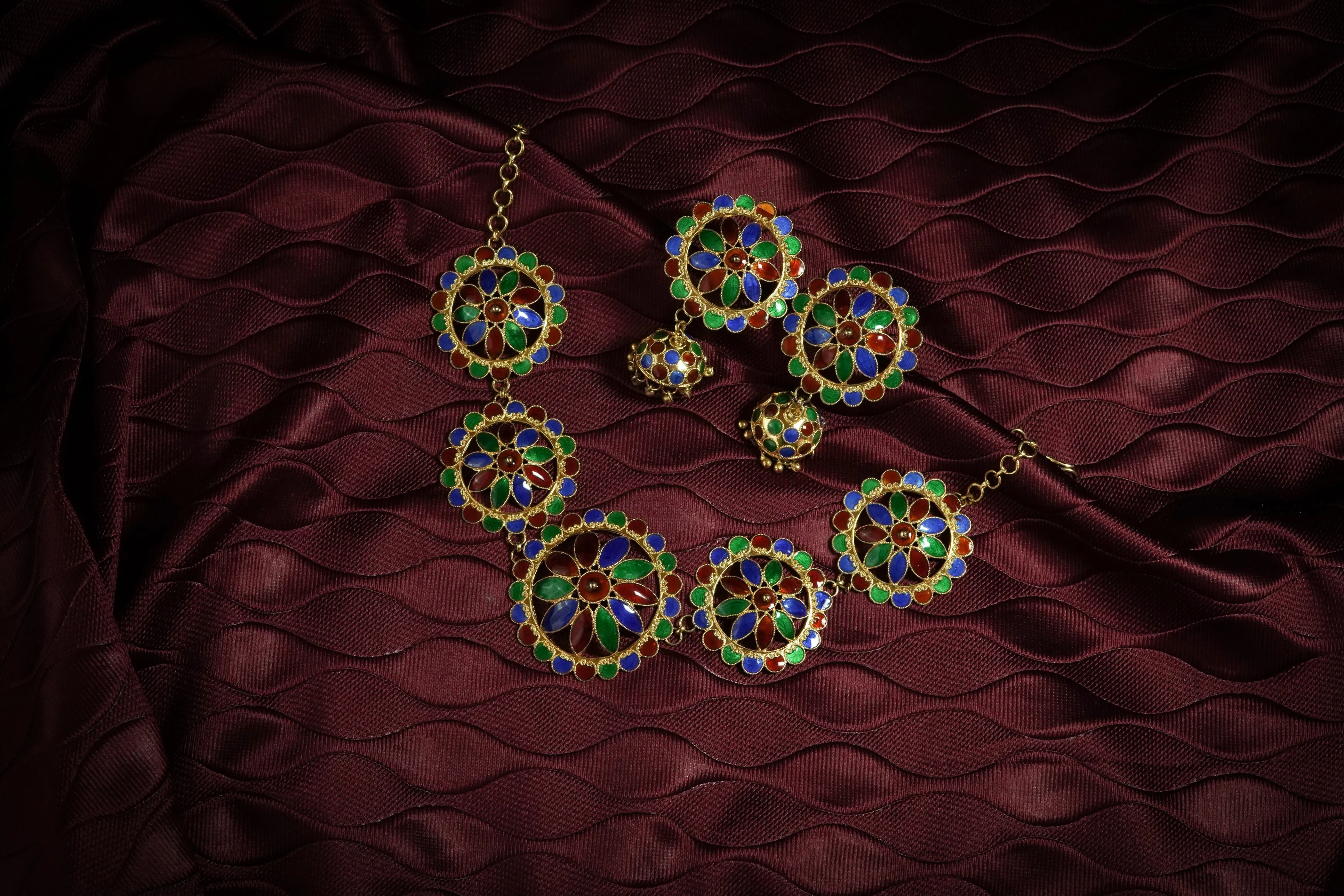 Japi Motif Pendent and Earring with Multicoloured Meenakari Silver Assamese Jewellery