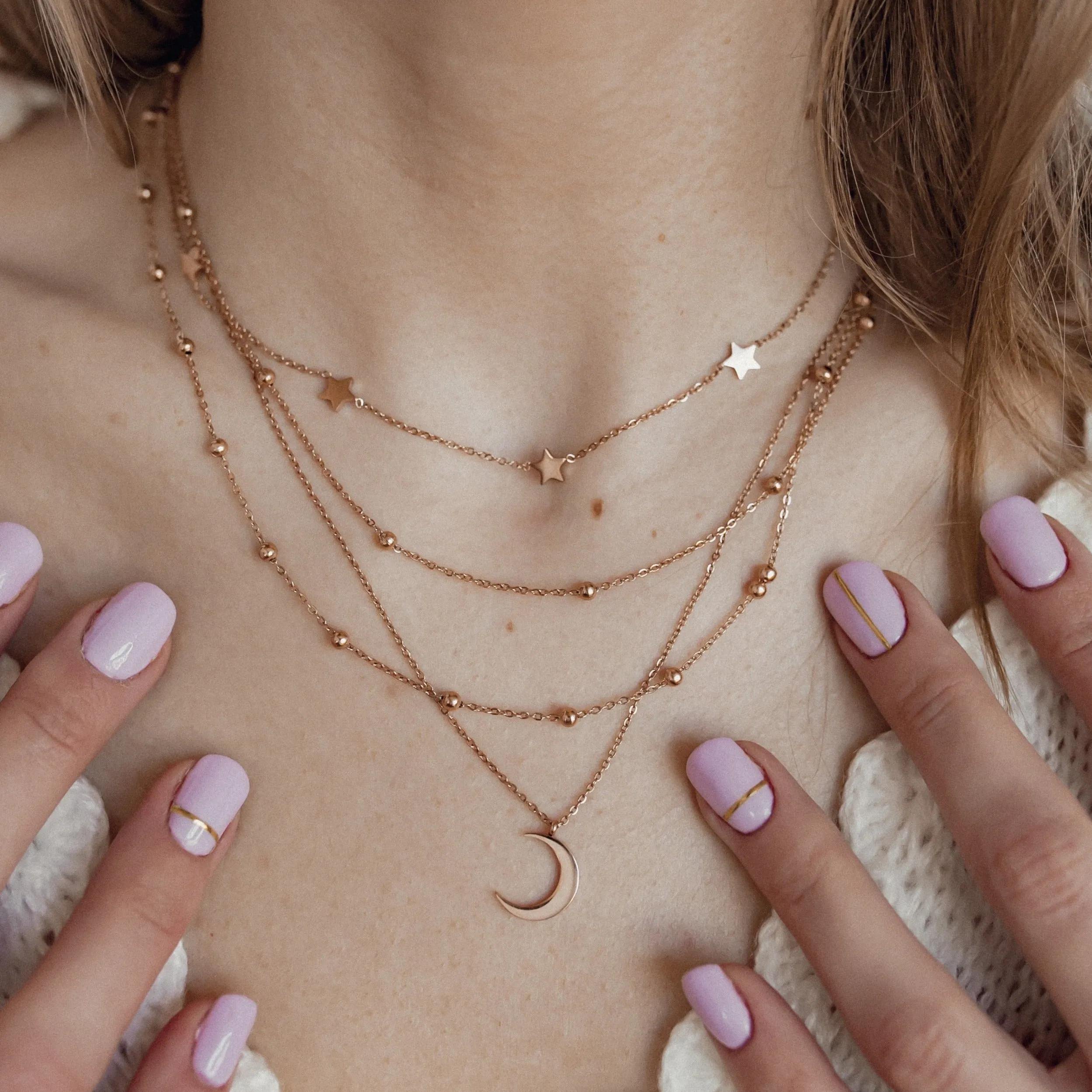 Layering Necklaces Stars and Moon in Rose Gold