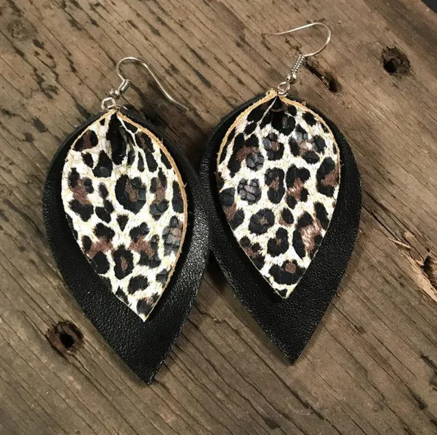 Leopard Print Leather Leaves Style  Earrings