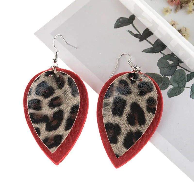 Leopard Print Leather Leaves Style  Earrings