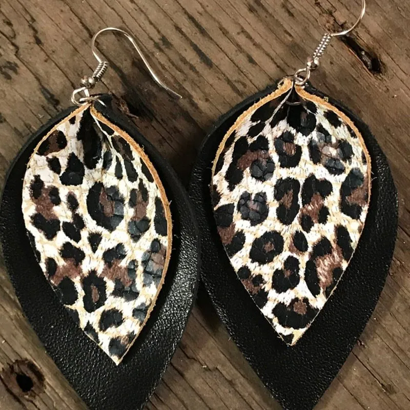 Leopard Print Leather Leaves Style  Earrings