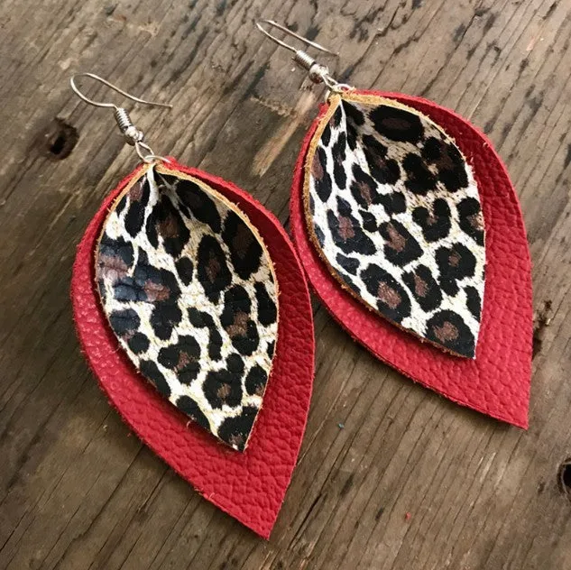 Leopard Print Leather Leaves Style  Earrings