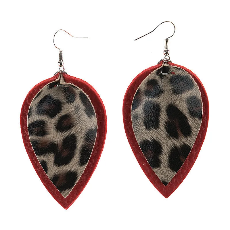 Leopard Print Leather Leaves Style  Earrings