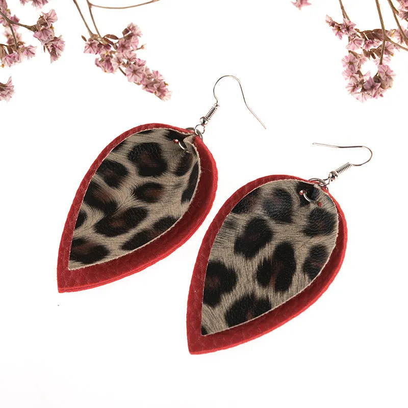 Leopard Print Leather Leaves Style  Earrings