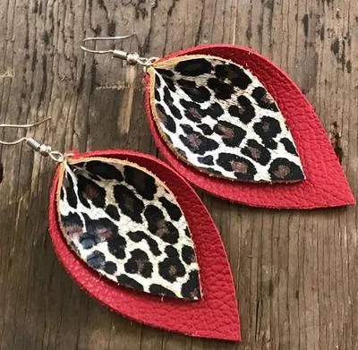 Leopard Print Leather Leaves Style  Earrings