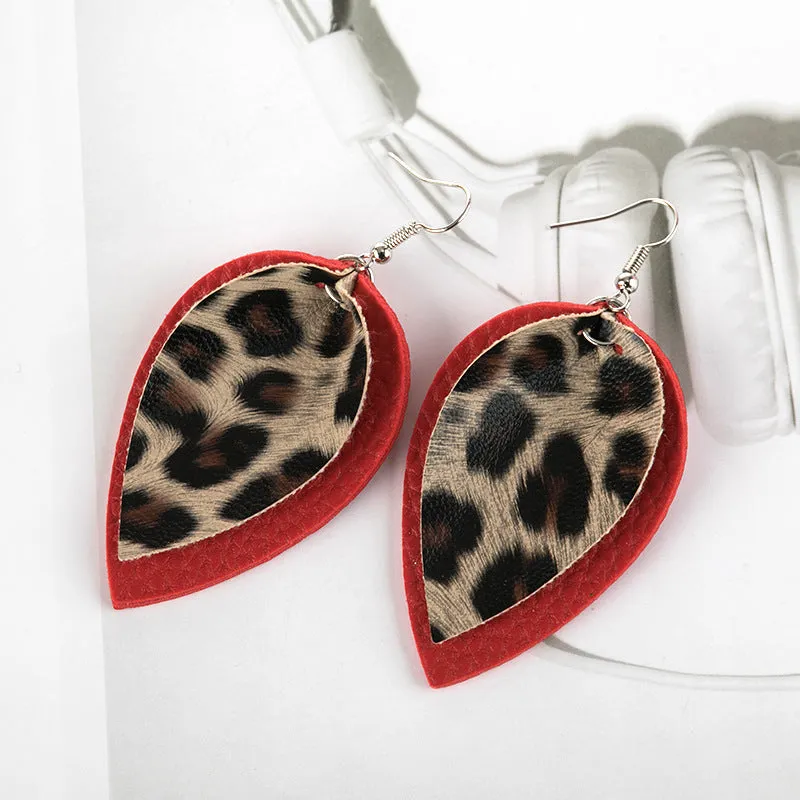 Leopard Print Leather Leaves Style  Earrings