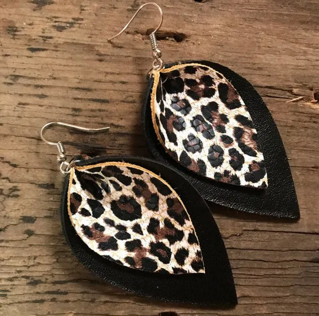 Leopard Print Leather Leaves Style  Earrings