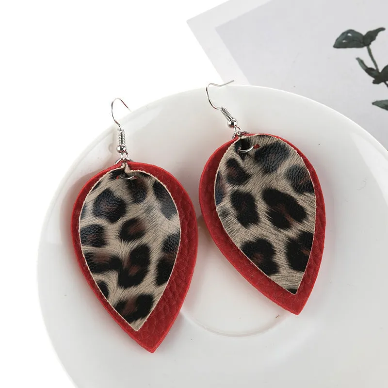 Leopard Print Leather Leaves Style  Earrings