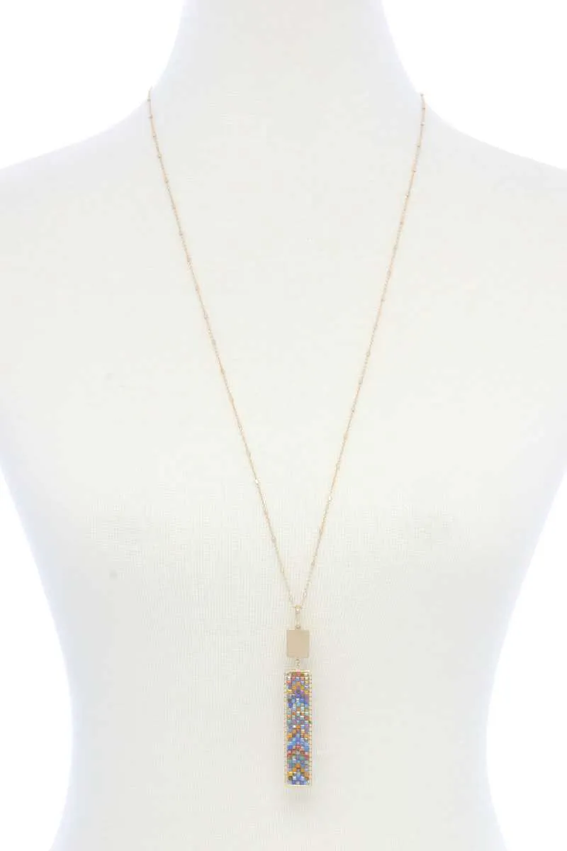 Long Rectangular Shape Beaded Pendant Necklace