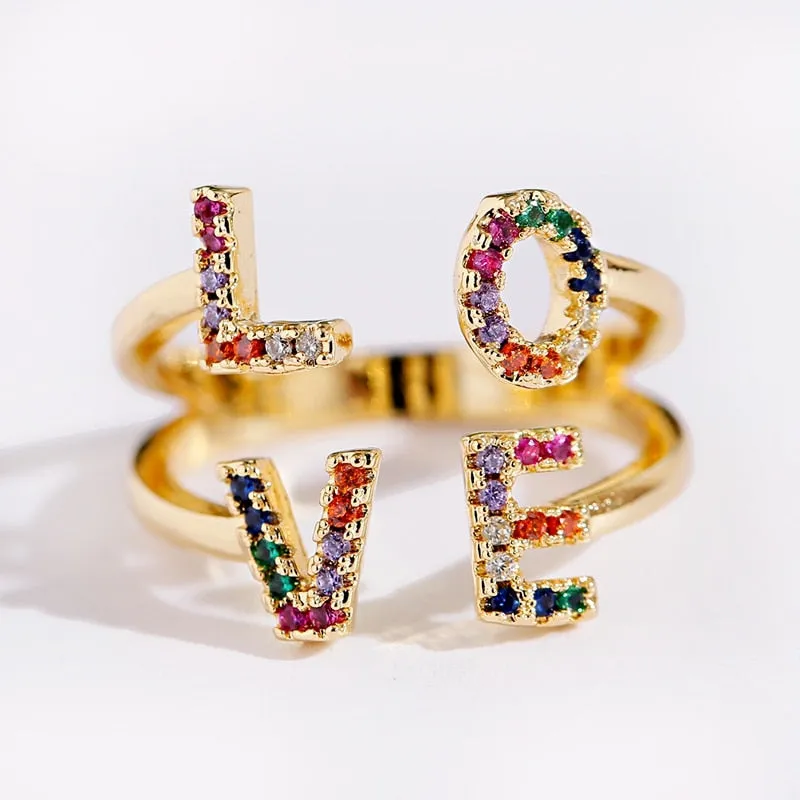 Luxury Love Shape Rings Letter Geometric Copper Rings For Women Gold Color CZ Ring Fashion Jewelry 2020