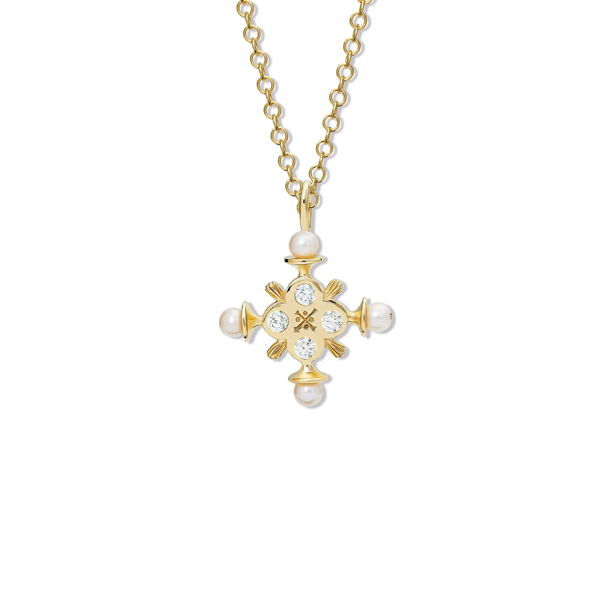 Madrid Large Cross Pendant Yellow Gold - Diamond & Pearl