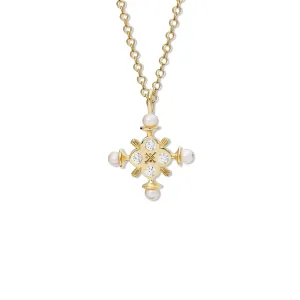 Madrid Large Cross Pendant Yellow Gold - Diamond & Pearl