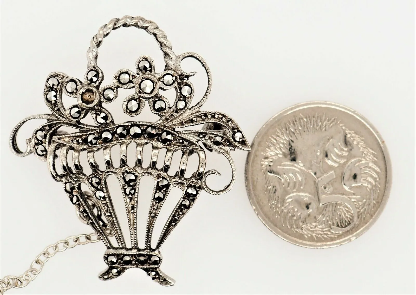 Marcasite Sterling Silver Flower Basket Brooch