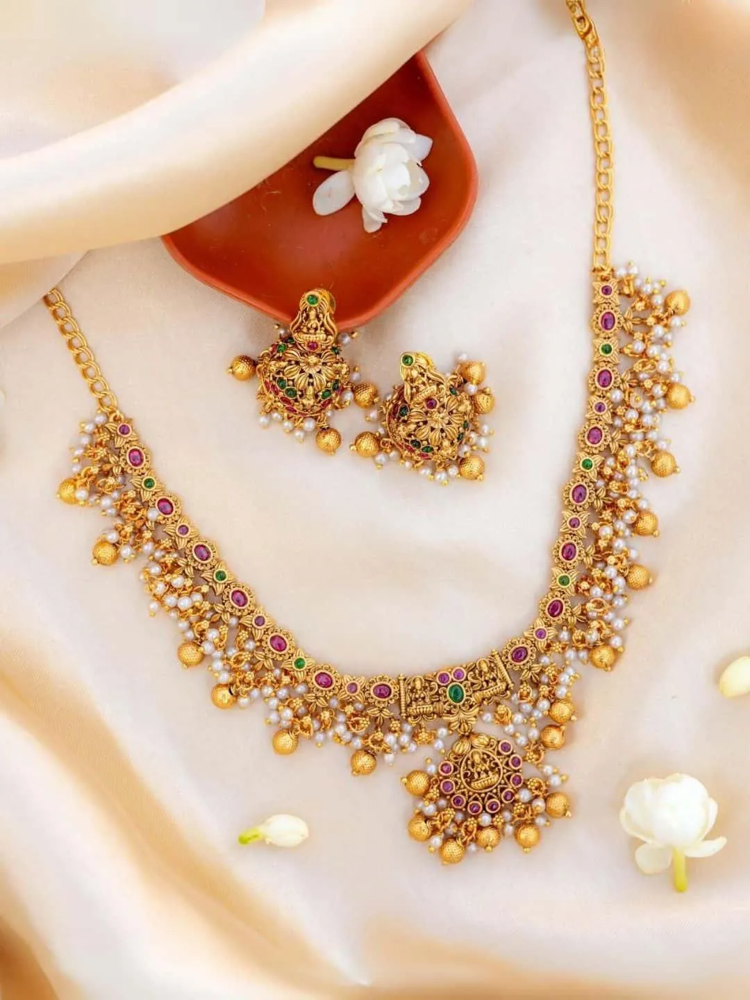 Matte Finish Ruby Emerald White Lakshmi Gutta Pusalu Choker