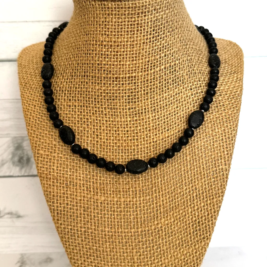 Mens Black Lava 6mm and Oval Beaded Necklace