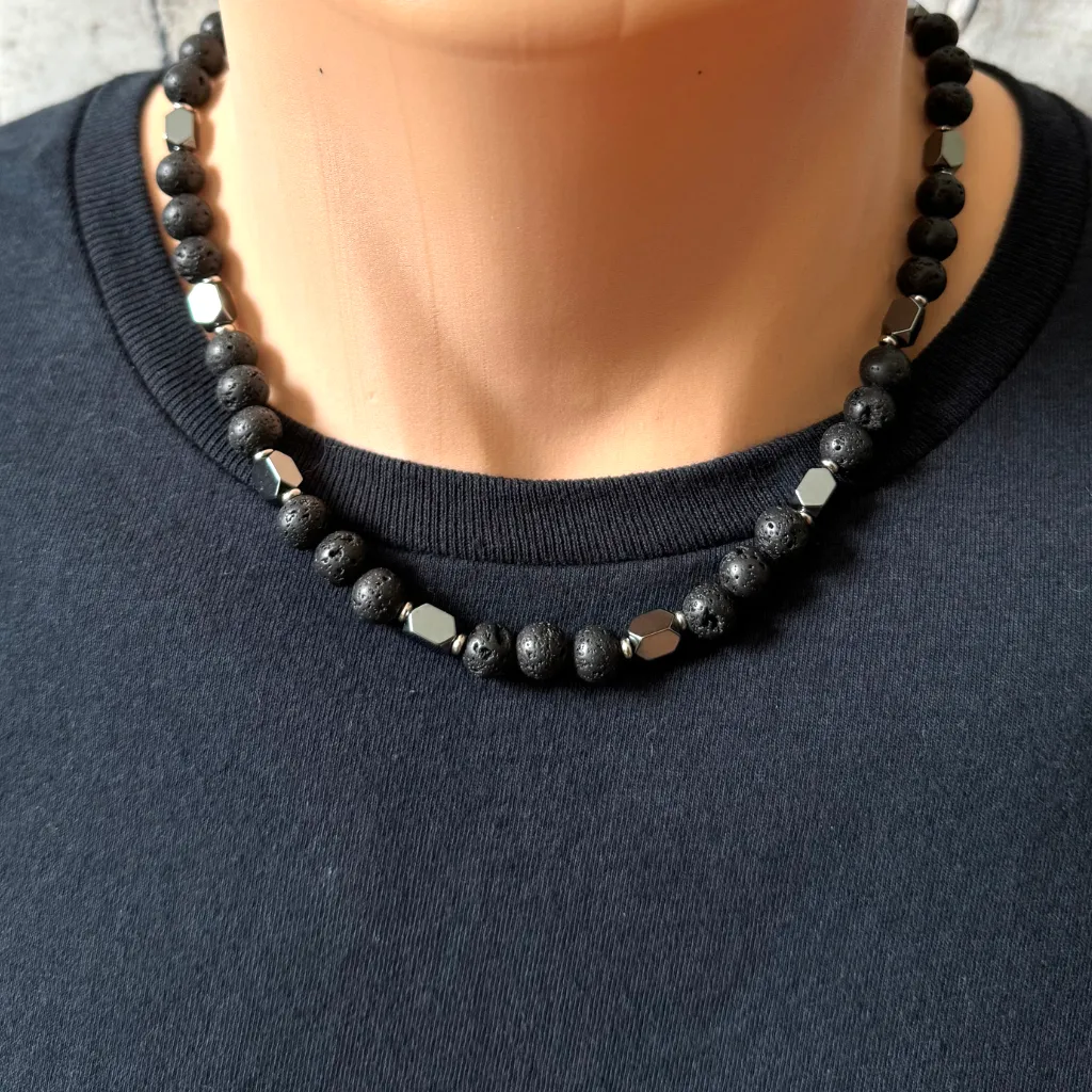 Mens Black Lava and Hematite Rectangle Beaded Necklace