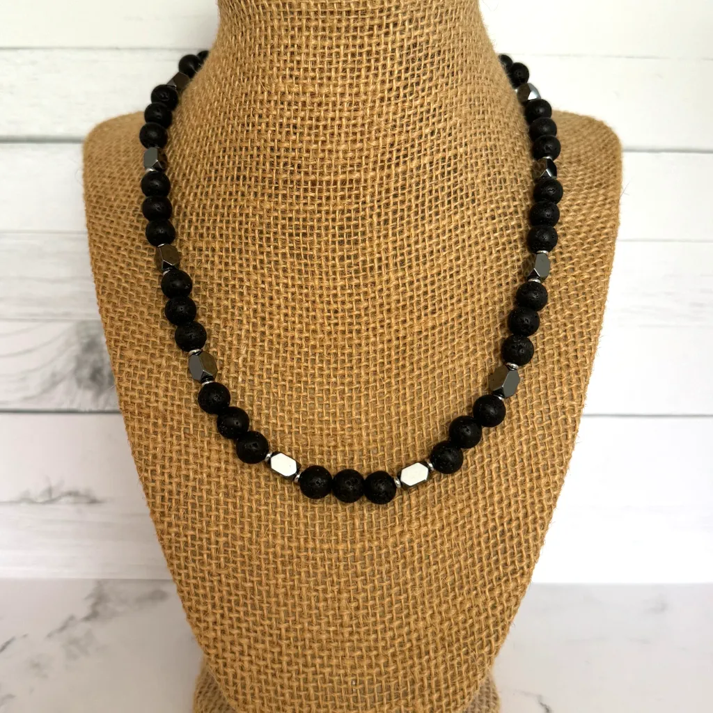 Mens Black Lava and Hematite Rectangle Beaded Necklace