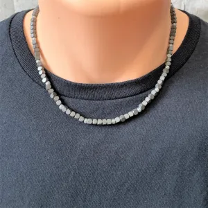 Mens Black Matte Hematite Hexcut and Silver Toho Beaded Necklace