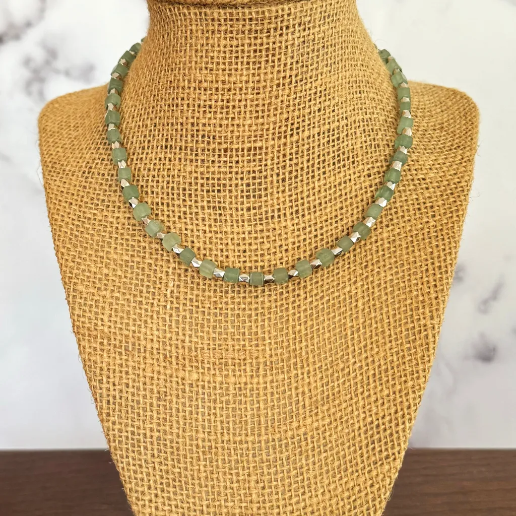 Mens Green Aventurine Cube and Silver Beaded Necklace