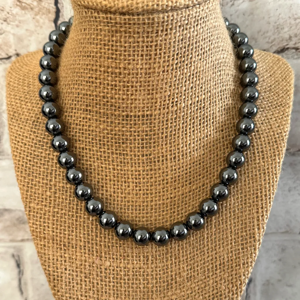 Mens Hematite 10mm Beaded Necklace