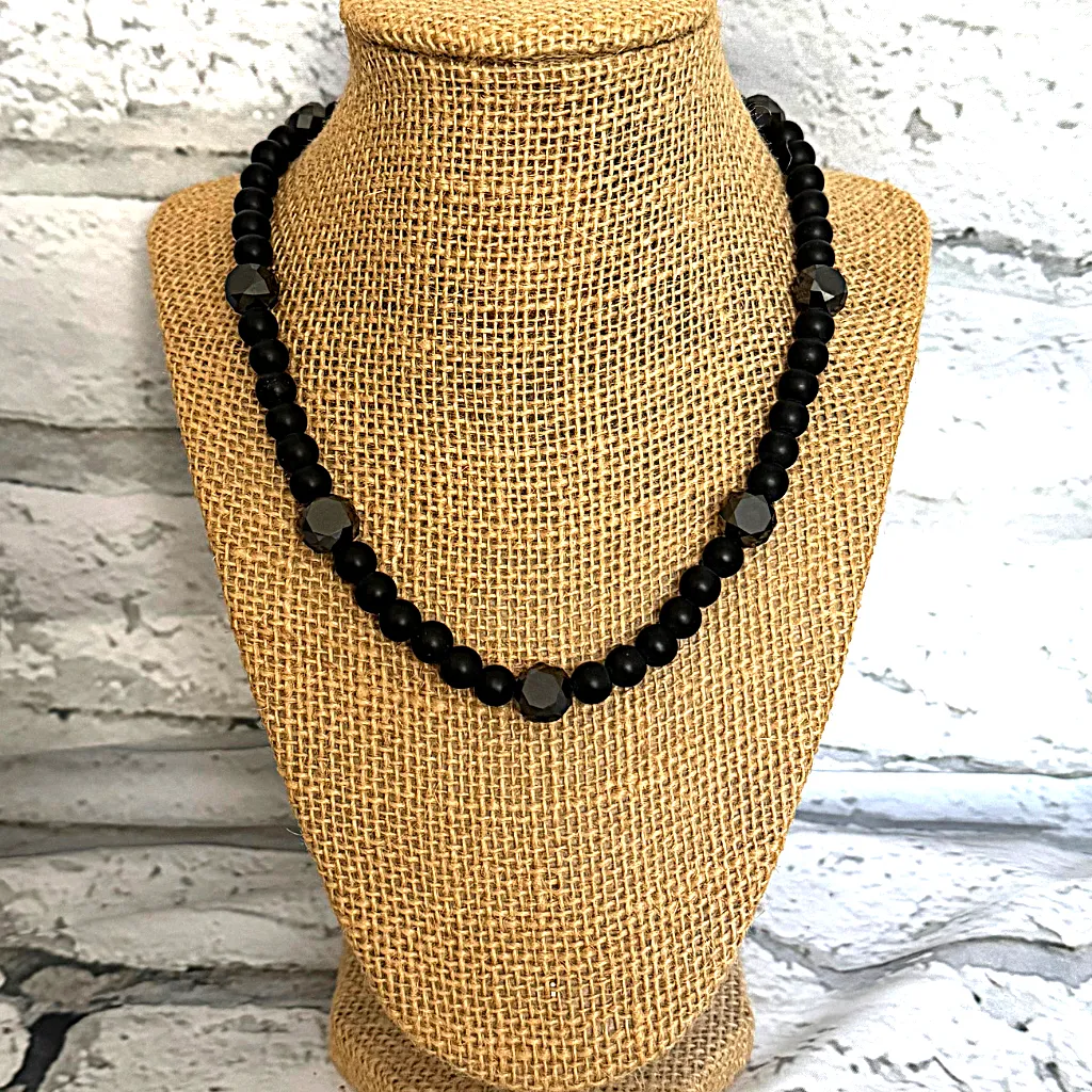 Mens Matte Black Onyx Round and Faceted Beaded Necklace