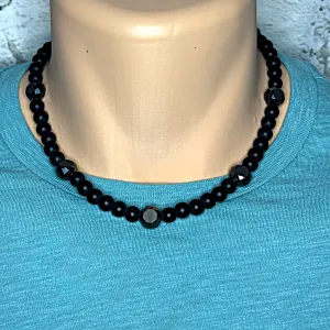 Mens Matte Black Onyx Round and Faceted Beaded Necklace