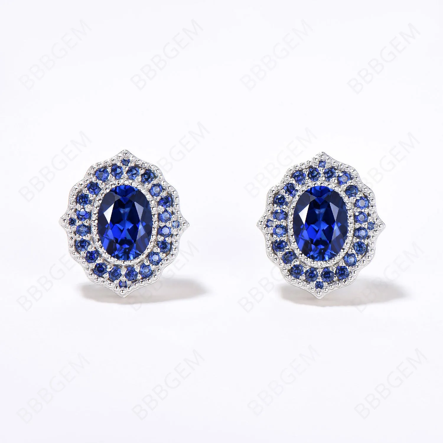 Milgrain Sapphire Studs Earrings Vintage Oval Cut Blue Sapphire Studs 14K White Gold September Birthstone Earrings Blue Gemstone Halo Wedding Earrings