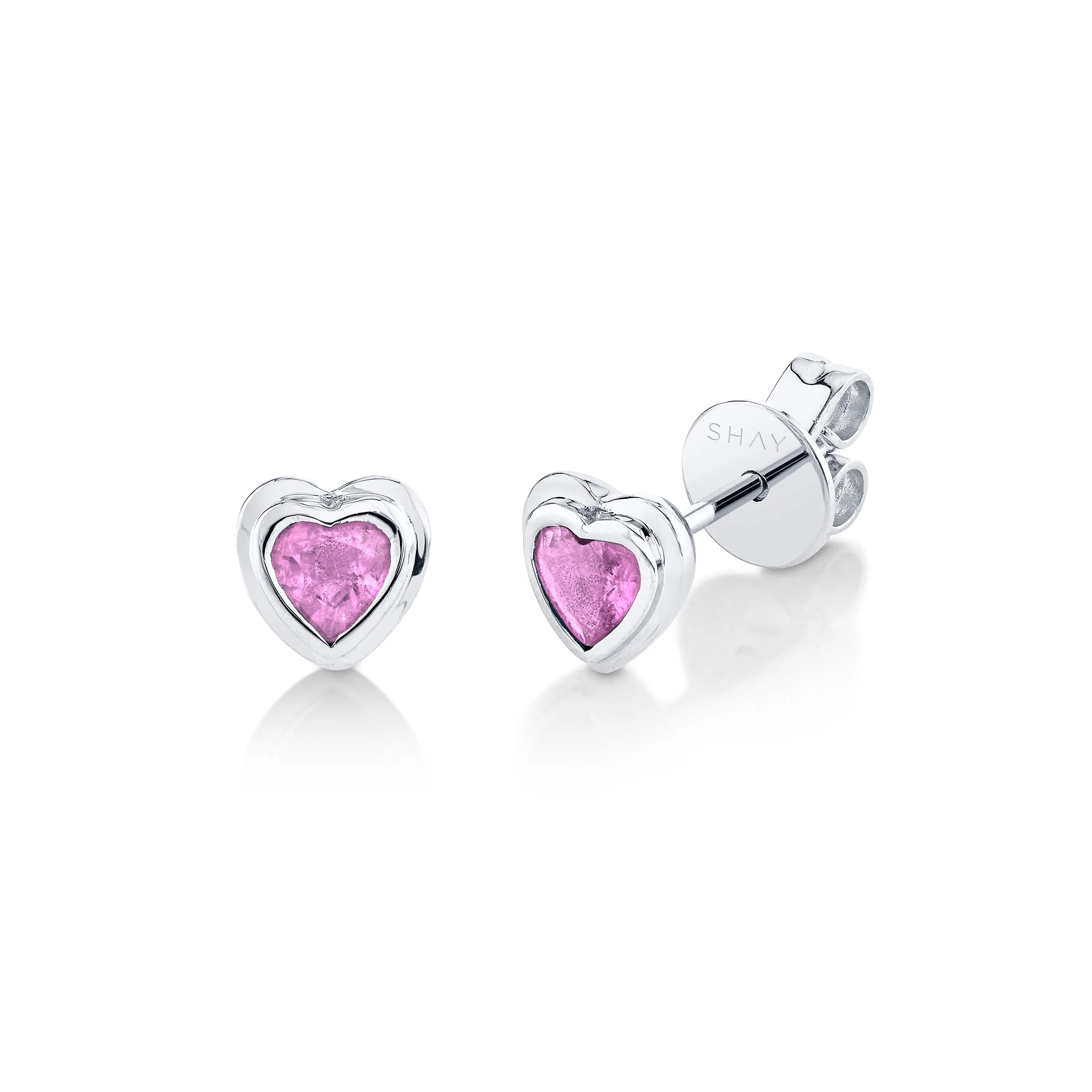 MINI ME PINK SAPPHIRE BEZEL HEART STUDS