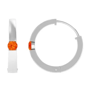 Minimal Orange Sapphire Hinged Hoop Earrings in Tension Mount Setting