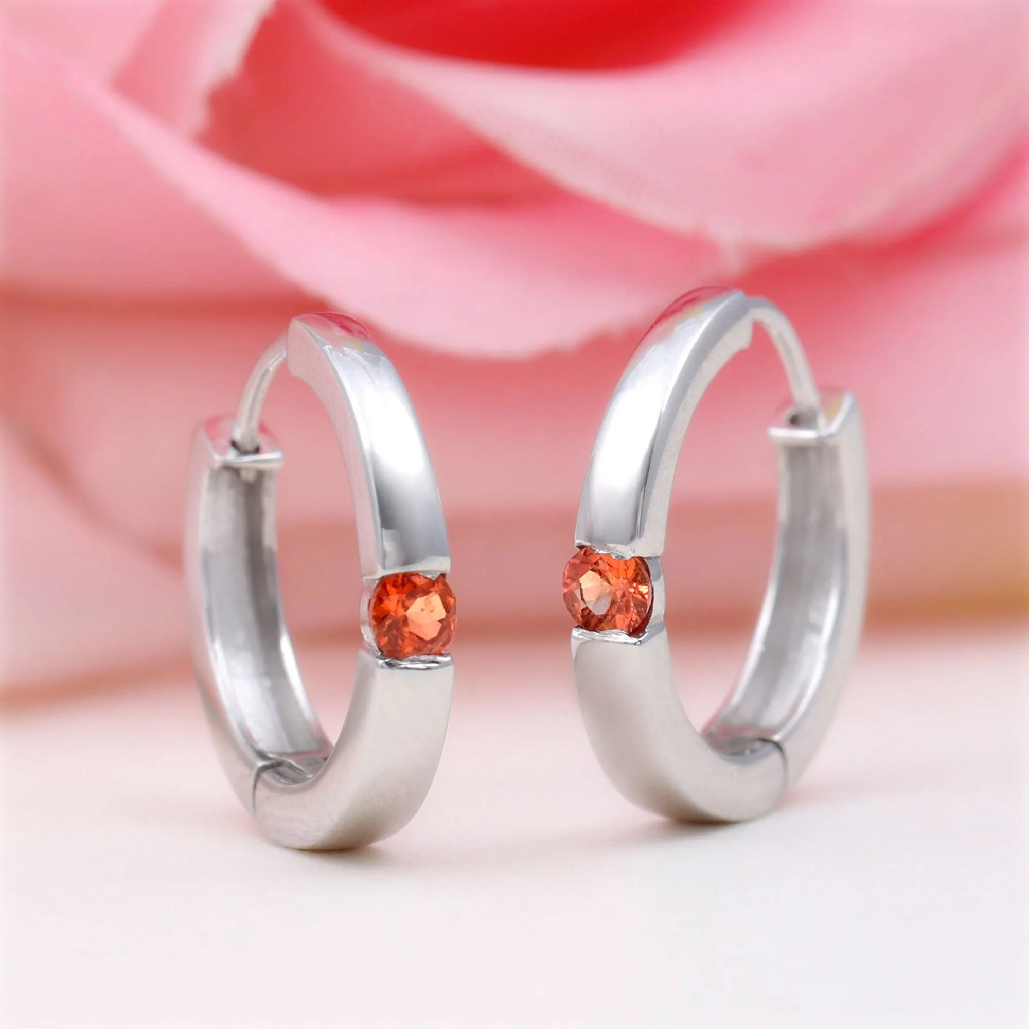 Minimal Orange Sapphire Hinged Hoop Earrings in Tension Mount Setting