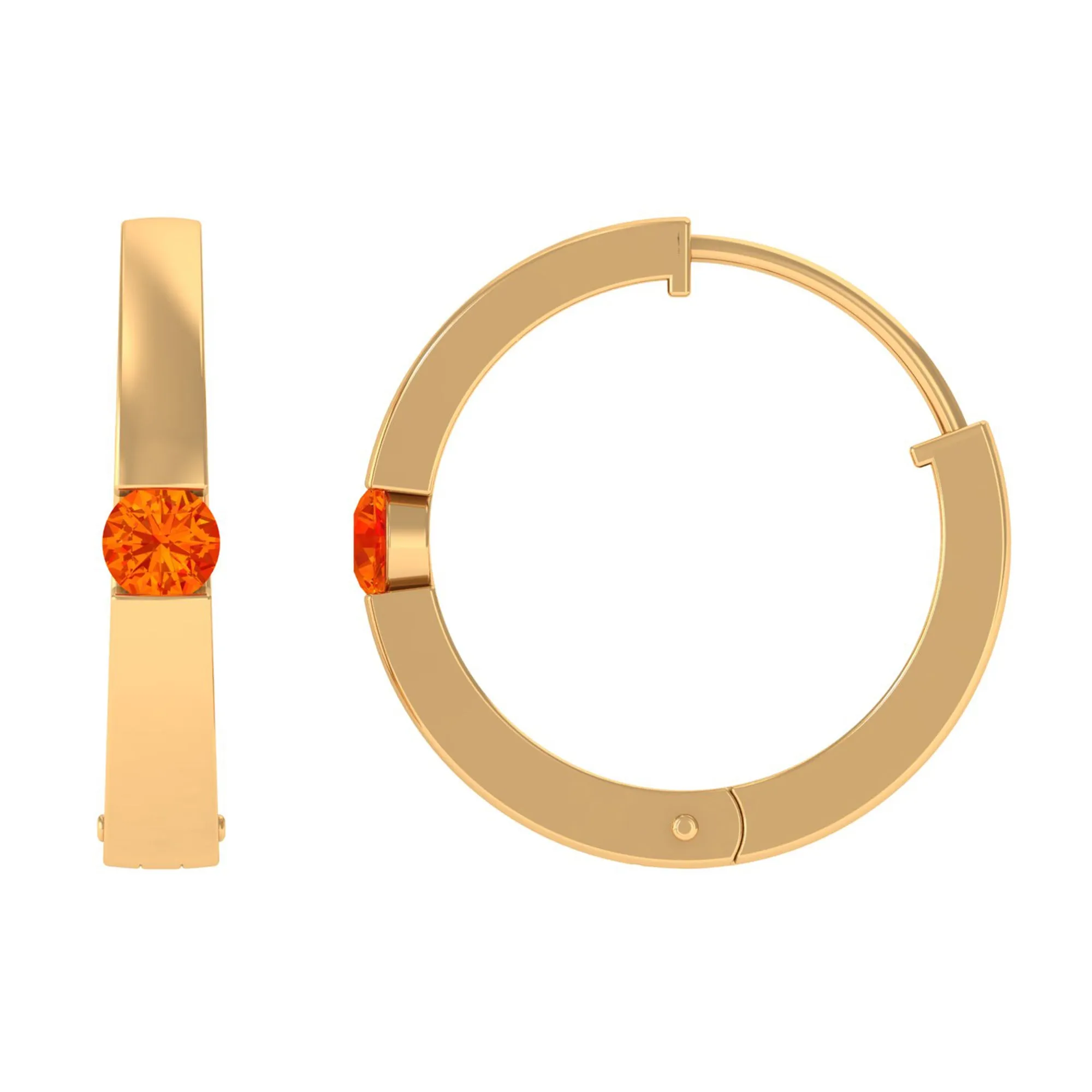 Minimal Orange Sapphire Hinged Hoop Earrings in Tension Mount Setting