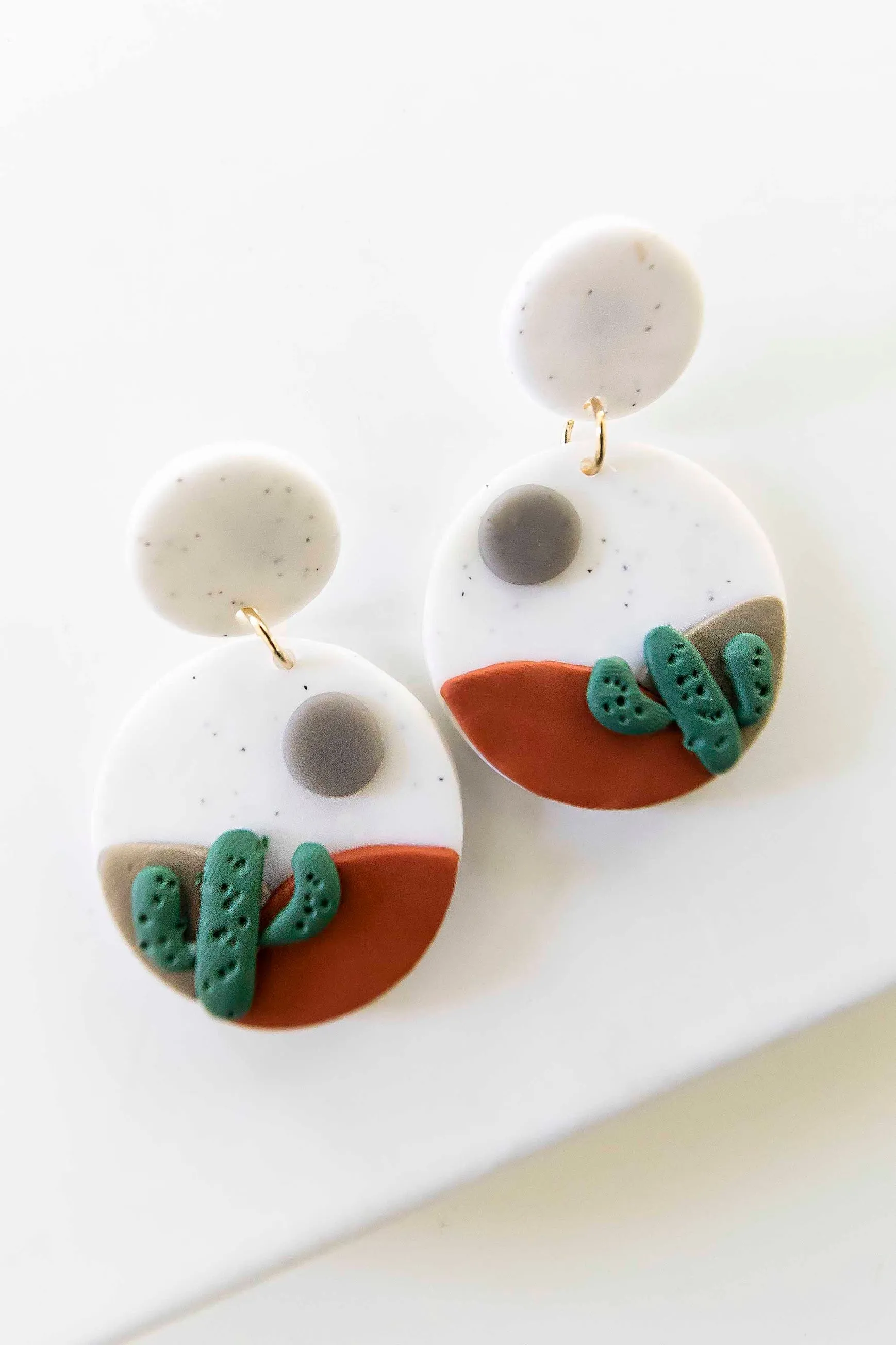 Mojave Clay Cactus Earrings | White and Rust Circle Clay Drop Earrings | Desert Scene Handmade Earrings | Southwest Style Accessories | Road Trip Earrings