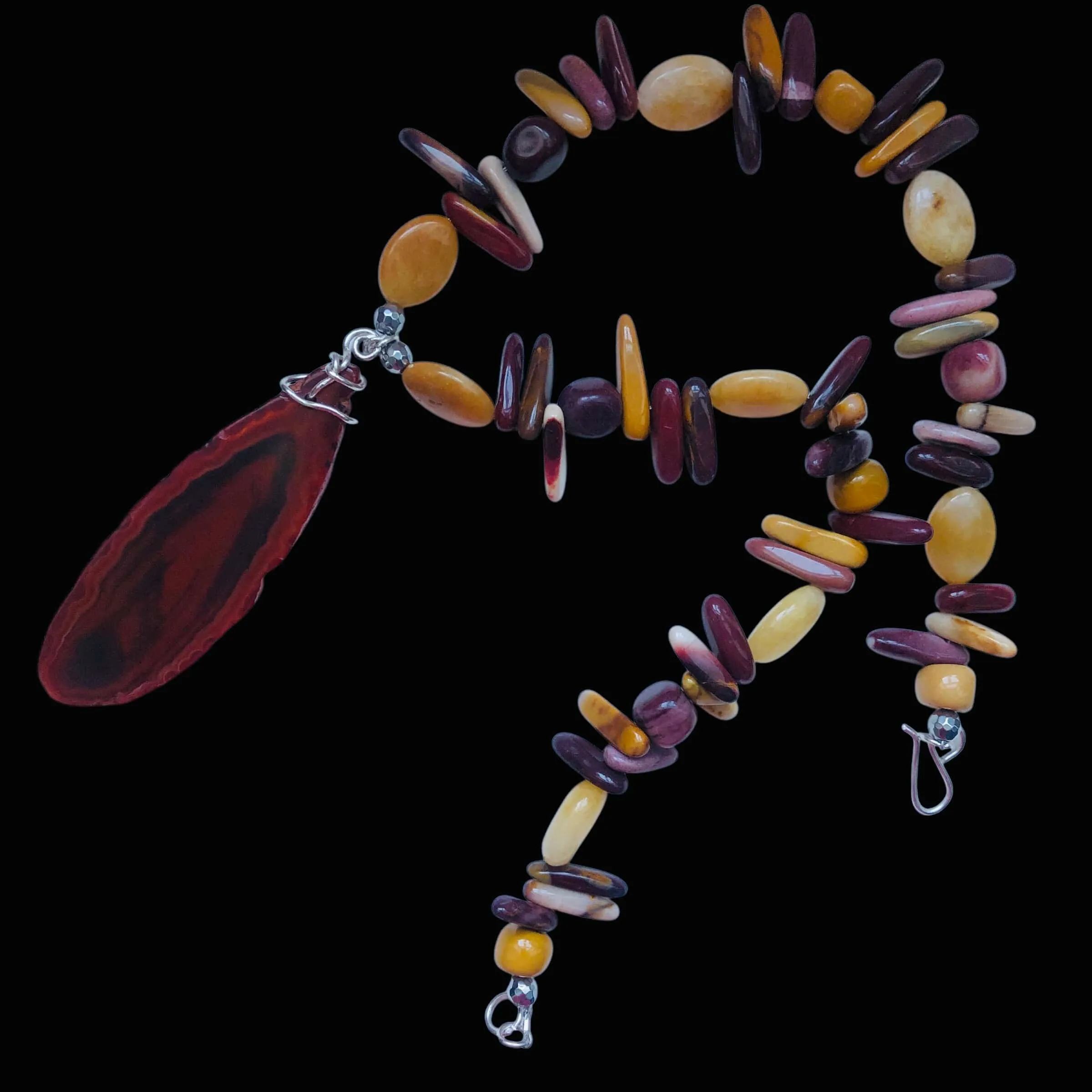 Mookaite and Yellow Jade Beaded Necklace with Agate Slice Pendant