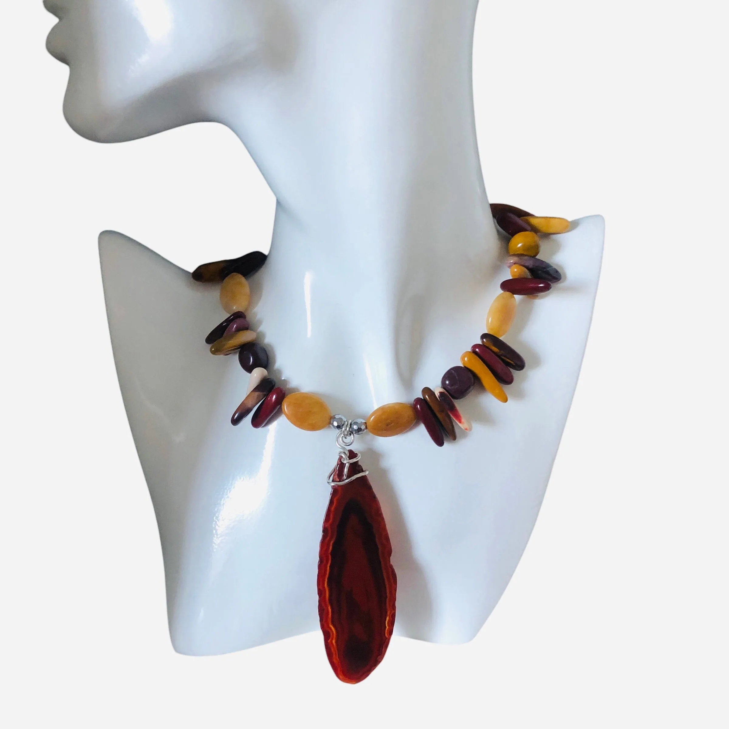 Mookaite and Yellow Jade Beaded Necklace with Agate Slice Pendant