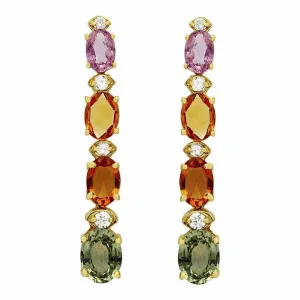 Multi Colored Sapphire & Diamond Rain Drop Earrings 14K Yellow Gold